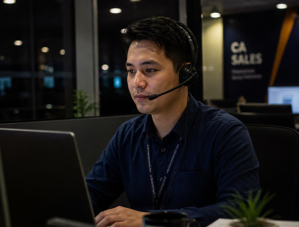 Filipino BPO professional working with a headset at a night-shift workstation