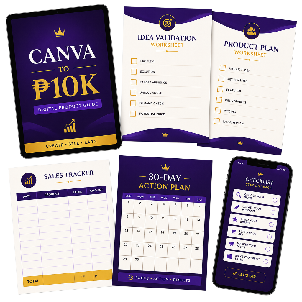 The Canva to ₱10K bundle: ebook, validation worksheet, product plan worksheet, sales tracker, 30-day action plan, and checklist app