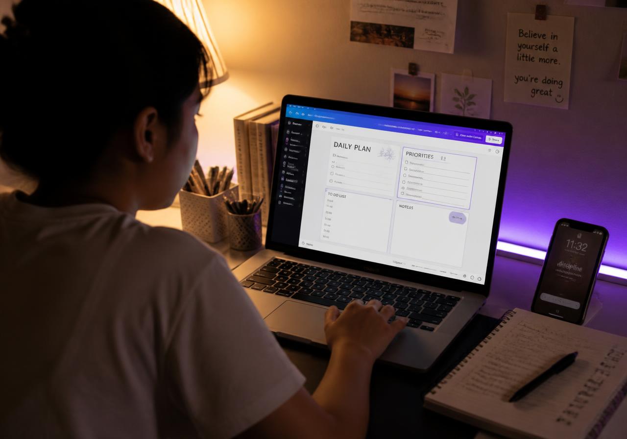 A student designing a digital planner in a Canva-style workspace on a laptop at night